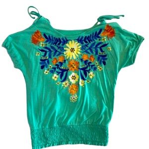 Mudd: teal base t-shirt with different colored flowers
